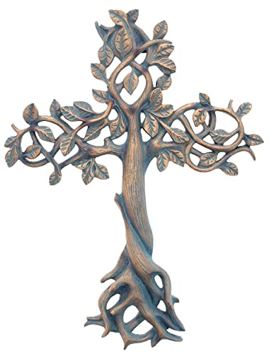 Top Brass Tree of Life Wall Cross 11 1/2" - Decorative Spiritual Art Sculpture Bronze Verdigris Finish