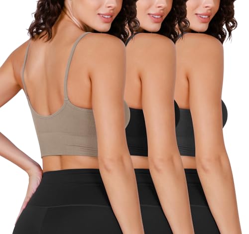ODODOS 3-Pack Seamless Sports Bra for Women Ribbed Camisoles Non Padding Yoga Bra Crop Tank Tops, Taupe+Black+Charcoal, Medium