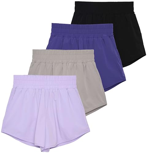 4 Pack Shorts Women Workout Yoga Athletic Running Gym Short Summer High Waisted Sweat Hiking Girls Casual Sports Tummy Control Lounge Ladies Basketball 2.5 3 Inseam Quick Dry Liner Underneath Dolphin