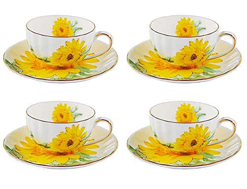 Ceramic Teacup Sunflower Vintage Chintz Porcelain Coffee Mug Tea Cup with Saucer,Set of 4