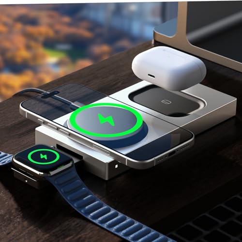 LISEN for iPhone 16 Charging Station Apple, Qi2 Magsafe Charger 3 in 1 15W Fast Charging, Magsafe Charger Stand Pad Dock for iPhone and Watch Charging Station for iPhone 16 15 Pro Max Airpods, Gold