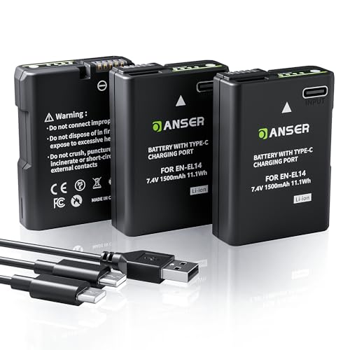 OANSER 1500mAh EN-EL14a EN-EL14 Battery with USB-C, 3-Pack Replacement Batteries with LED Power Display for Nikon D3100 D3200 D3300 D3400 D3500 D5100 D5200 D5300 D5500 D5600 P7100 P7700 P7800 Camera