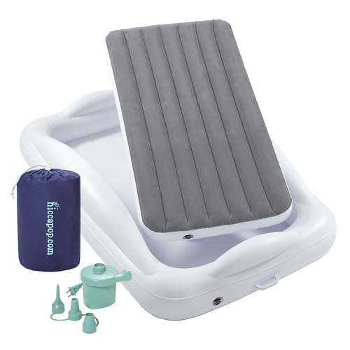 hiccapop Inflatable Toddler Travel Bed with Safety Bumpers [4-Sided], Portable Toddler Bed for Kids, Toddler Air Mattress, Kids Air Mattress - Grey