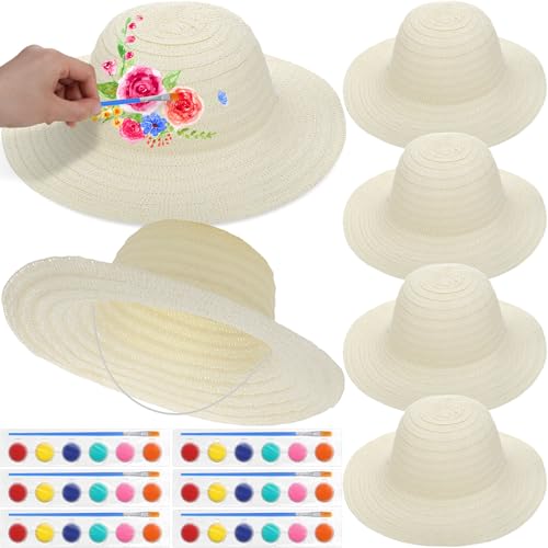 Chicingyou 6 Set DIY Straw Hat Set DIY Tea Party Hats Handmade Cap with Paints Brushes Craft Art Painting Cap Tea Party Supplies Mexican Arts Crafts Gifts for Adults Women Men