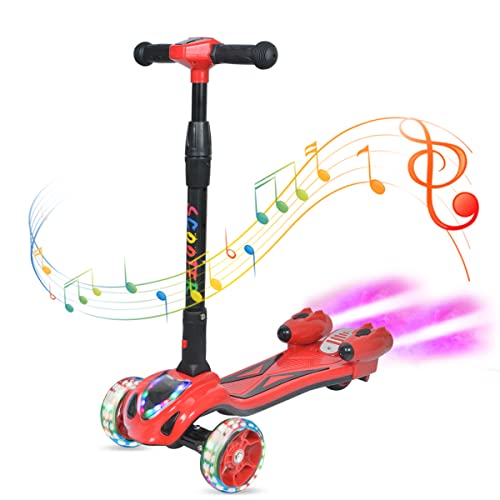 3 Wheel Scooter for Kids, Toddler Scooter with Bluetooth Music Speaker Steam Sprayer LED Lights Aluminum Alloy T-Bar, Folding Kick Scooters for Boys Girls Ages 3-10 (Red)