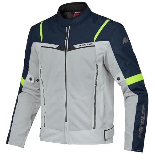 WARDLER TORNADO Mesh Motorcycle Jacket Men, Riding Jacket, Lightweight for Summer, Sportsbike, Biker Jacket, CE Level 1 Armor, HI VIS (US, Alpha, Large, Regular, Tall, Silver-Deep Blue-Neon Yellow)