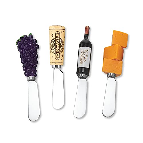 Wine Things Red Wine Tasting Cheese Spreaders, Hand-Painted Resin Handles with Stainless Steel Blades for Spreading Cream Cheese, Butter, and Jam, Assorted Designs, Set of 4