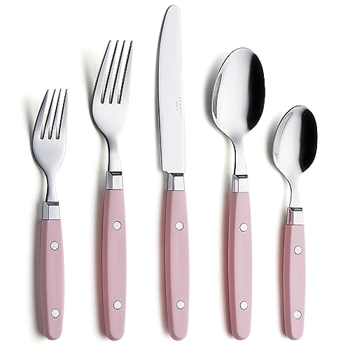 ANNOVA Silverware Set Stainless Steel Cutlery Color Handle With Rivet/Retro Flatware (Light Pink, 20 Pieces)