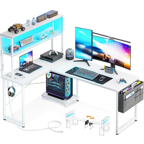 AODK L Shaped Desk Gaming Desk with LED Light & Power Outlet, 53 Inch Reversible L Shaped Computer Table with Shelf, Corner Desk with Storage Bag&Hook for Home Office Desk, White