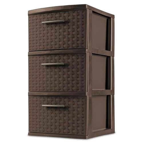 Sterilite 3 Drawer Storage Tower, Plastic Decorative Weave Organizer Drawers for Dorm, Closet, Bedroom, or Craft Room Organization, 6 Pack, Espresso