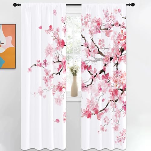 Kikiry Pink Cherry Curtain 42" W x 84" L Long White Spring Blush Sakura Floral Plum Blossom Flowers Japanese Asian Style Girl Women Curtains Living Room Bedroom Window Drapes Treatment Fabric 1 Pair