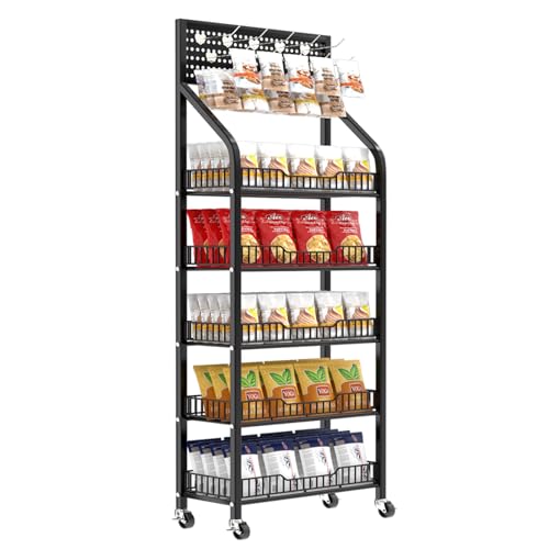QJSZMEI 5 Tier Snack Rack Display Stand, Metal Retail Chip Cart with Wheels and 15 Hooks, Candy Potato Display Shelf for Supermarkets Convenience Stores Home Kitchens