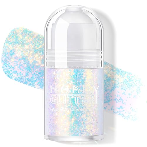 HOSAILY Roll-on Holographic Body Glitter Gel for Face Hair, Chameleon Color Changing Glitter Gel Under Light, Chunky Mermaid Sequins Festival Party Rave Accessories Shimmer Makeup (12# Sparkling Blue)