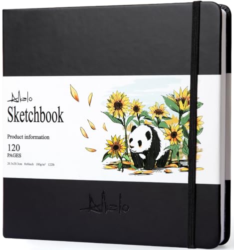 ALKALO Square Sketchbook for Drawing, 120 Pages Sketch Book, 122LB/180GSM Thick Paper, Mixed Media Sketchbook for Charcoal Pencil, Inks Pen, Colored Pencil, Acrylic Marker, Oil Pastel