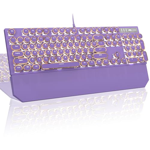 MageGee Typewriter Mechanical Gaming Keyboard, Retro Purple Punk Round Keycap LED White Backlit Wired Keyboard with Detachable Wrist Rest for Game and Office, for Windows Laptop PC, Blue Switches