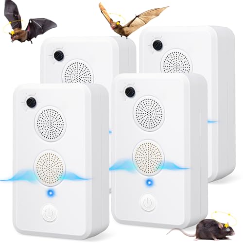 4 Pack Ultrasonic Bat Repellent for Attic Porch, Rechargeable Bat Deterrent Devices Outdoor Indoor, Electronic Bird Repellent Bats Keep Away Reject Repelling System Removal Device for House