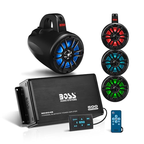 BOSS Audio Systems UNI4RGB ATV UTV Marine Boat IPX5 Weatherproof 4 Inch Stereo Wake Tower Speakers (x4) And 4 Channel Weatherproof Bluetooth Amplifier