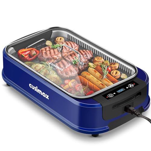 CUSIMAX Smokeless Grill, 1500W Electric Indoor Grill with LED Smart Display & Tempered Glass Lid, Non-stick Removable Plate, Blue