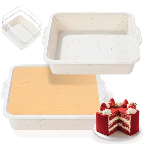 SJ 8 inch Silicone Square Cake Pan with Metal Reinforced Frame Set of 2, Nonstick Silicone Cake Molds BPA Free Suitable for making Cakes Brownies Cheesecakes Pie Bread