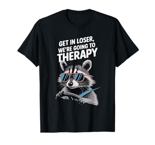 Funny Raccoon Meme Mental Health Get In Loser We're Going To Therapy Unisex Adult Black V-Neck Short Sleeve T-Shirt