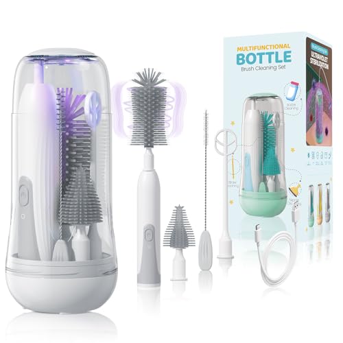 IvyWind Electric Travel Baby Bottle Brush Set with Storage Box, Automatic Bottle Cleaner Brush Kit with Silicone Bottle/Nipple/Straw Brush, Milk Frother Electric and Drainage Rack, Rechargeable, Gray