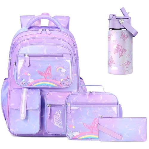 ACESAK Kids School Backpack for Girls, Rainbow Bookbag Backpack with 14OZ Kids Water Bottle, Lunch Bag Set for Girls Kid Teens Middle School Student, Girl Backpacks for Schools (4pcs Water Bottle)