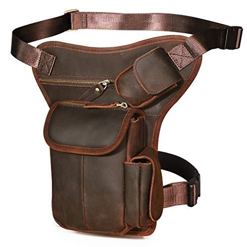 Le'aokuu Mens Genuine Leather Motorcycle Hiking Belt Fanny Waist Hip Bum Pack Drop Leg Bag Pouch (3106 1 Dark Brown)