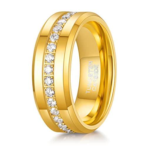 TRUMIUM 8mm Wedding Rings for Men Tungsten Carbide Gold Men's Rings with White Cubic Zirconia Eternity Wedding Band Beveled Edges Comfor Fit Size 10.5