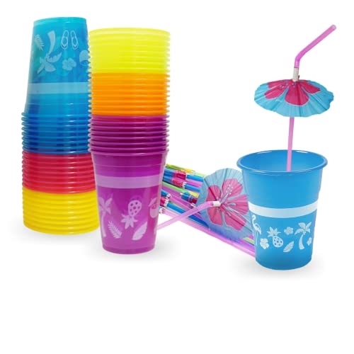 4E's Novelty 48 Packs Tropical Party Cups with Parasol Straws - Disposable Plastic Cups 16oz BPA free, for Hawaiian Luau Party and Pool Parties, Beach Theme Birthday Decorations for Kids & Adults