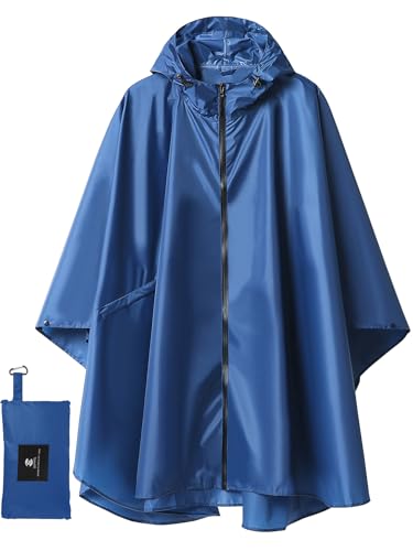 SaphiRose Unisex Rain Poncho Raincoat Hooded for Adults Women with Pockets (Navy)