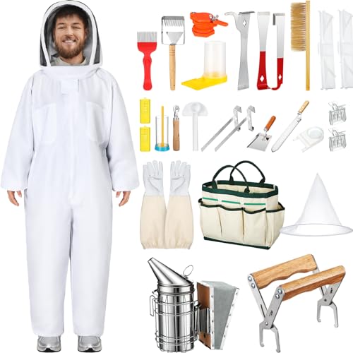 Leriton 30 Pcs Beekeeping Supplies Tools Bee Suit Bee Keeping Starter Kit Bee Keeper Starting Kit Bee Keeping Supplies All Bee Hive Supplies Bee Hives Boxes Starter Kit for Beekeeper Men Women (XL)