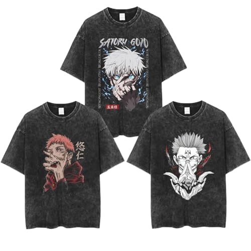 Jujutsu Short Sleeve T-Shirt Kaisen Anime Gojo Yuji Sukuna Cosplay Washed Fabric Style Round Neck Cool Shirt for Men (Large,Satoru Gojo)