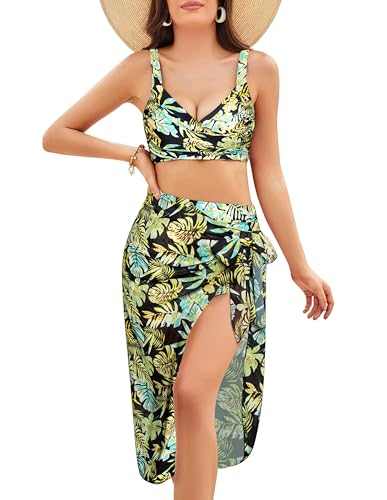 GRACE KARIN Women's 3 Piece Bathing Suit for Women Sexy High Waisted Printed Bikini Sets with Cover Ups Yellow Floral S