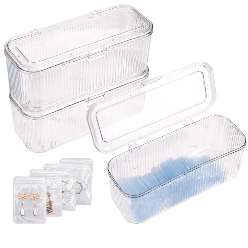 3Pcs Acrylic Jewelry Organizer, Clear Acrylic Jewelry Box Organizer and Storage With 150 Portable Anti Tarnish Jewelry Bags, Jewelry Travel Case for Rings Earrings Necklaces Ideal Gifts for Women