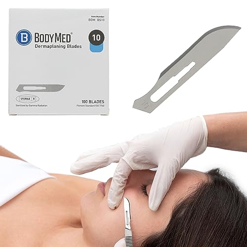 BodyMed Dermaplaning Blades #10 in Carbon Steel, 100 PCS - Sterile for Surgical, Skin Care, Hair Removal, and Podiatry Procedures - Small Detail Blade for Estheticians