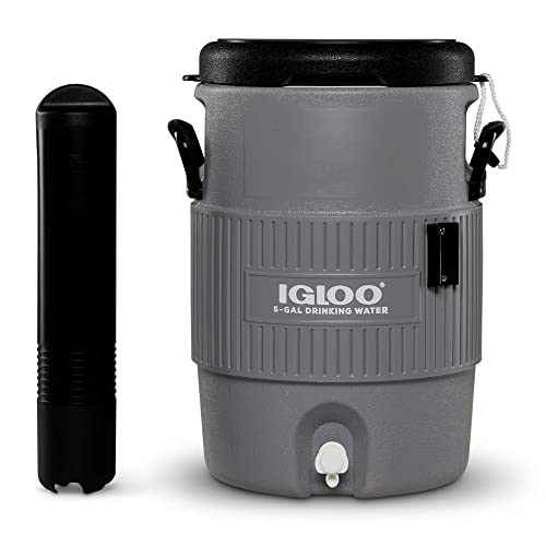 Igloo 5 Gallon Portable Sports Cooler Water Beverage Dispenser with Flat Seat Lid, Insulated Beverage Dispenser, Grey/Black