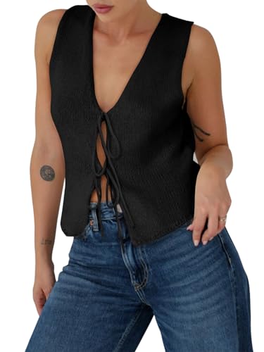 Yousify Women's Tie Front Tank Tops 2025 Summer V Neck Casual Bow tie Sweater Vests Y2K Sleeveless Ribbed Knit Tops Black