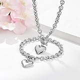 WinTrend Heart Pendant Bracelet & Necklace for Women 316L Stainless Steel Charms Jewelry Set Silver Chain with Toggle Clasp (Silver Tone)