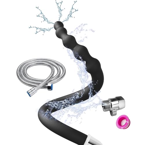 JIELUO Shower Enema Douche Nozzles , 4 Holes Water Spray Comfortable Silicone Nozzles Enema Attachment, Reusable Shower Enema Hose with on/off control valve and shower hose, Black