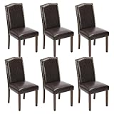 Sweetcrispy Dining Chairs Set of 6, Upholstered Leather Kitchen Room Chairs Mid Century Modern High-End Dining Room Side Chairs with Nailhead Trim and Wood Legs for Bedroom, Living Room, Brown