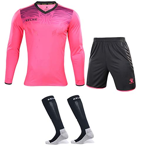 KELME Soccer Goalkeeper Jersey Uniform Kit - Mens Padded Football Goalie Jersey - Padded Shirt, Shorts and Socks Kids and Adult Sizes (X-Small, Pink)