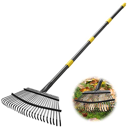 Rake - 65 Inch Long Garden Leaf Rake, 18 Inch Wide Heavy Duty Leaf Rakes for Shrub with 25 Metal Tines,Yard Thatching Rakes with Ergonomics Adjustable Handle for Picking Leaves,Grass Clippings Garbage
