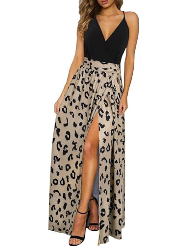 Newshows Womens' Maxi Dress Summer 2025 Wedding Guest Spaghetti Strap Spring Fashion Teacher Work Long Dresses Business Casual Outfits Trendy(Black Floral Leopard,M