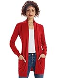 Women's Long Sleeve Open Front Popcorn Sweater Cardigan with Pockets Red S