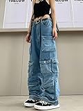 Women's Baggy Cargo Pants Y2K Clothing Multi-Pocket Relaxed Fit Jeans Fairy Grunge Clothes Alt Emo Streetwear (Blue Jeans,M)