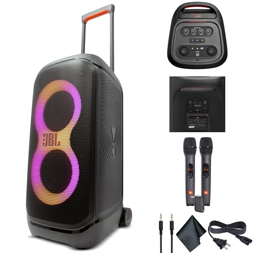 JBL PartyBox Stage 320 240W Portable Wireless Speaker, 18 Hour Battery, Splash Proof (JBLPARTYBOX320AM) + Wireless Two Microphone System with Receiver + AUX Cable + Microfiber Cloth