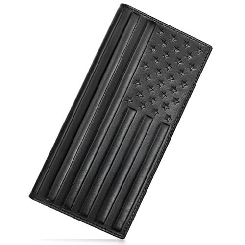 Pefiam Long Wallet for Men Leather, Mens Checkbook Wallet Rodeo, Large Western Cowboy Wallet Bifold, RFID Blocking, Gift for Men (American Flag, Black)