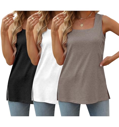 UPOLOLO 3 Pack Womens Square Neck Tank Top Summer Sleeveless T-Shirt Casual Outfits 2025 Fashion Beach Vacaiton Clothes, Black White Brown, L