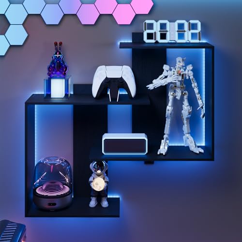Rresyet Gaming Floating Shelves, Wall Mounted Display Shelf, 16 Color RGB, Easy to Install, Wall Shelves with Lights for Gaming Room, Living Room, Office, Bathroom(Black)