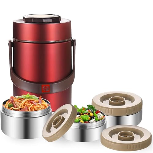 3 Tier Stackable Lunch Container Food Flask for Hot Food, 67 Oz Stainless Steel Wide Mouth Bento Box for Men Women Adults, Vacuum Insulated & Leakproof Food Jar for Office School Work (Red)